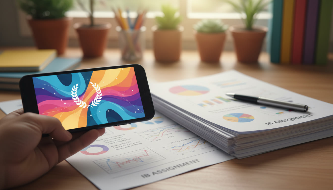 Photo Idea : Close-up of a smartphone showing a digital certificate next to a printed IB assignment