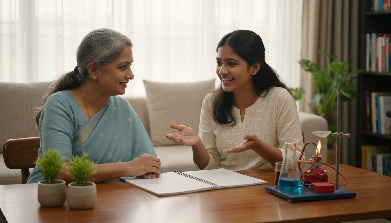 Photo Idea : A student explaining a practical experiment to a mentor, with a neat practical file open on the table