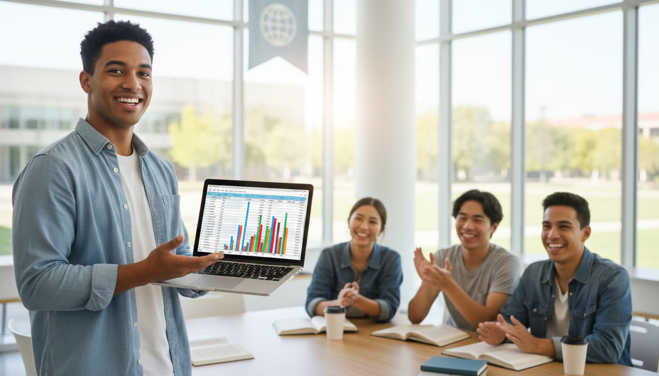 Photo Idea : a student presenting a spreadsheet of volunteer hours on a laptop, with teammates in the background