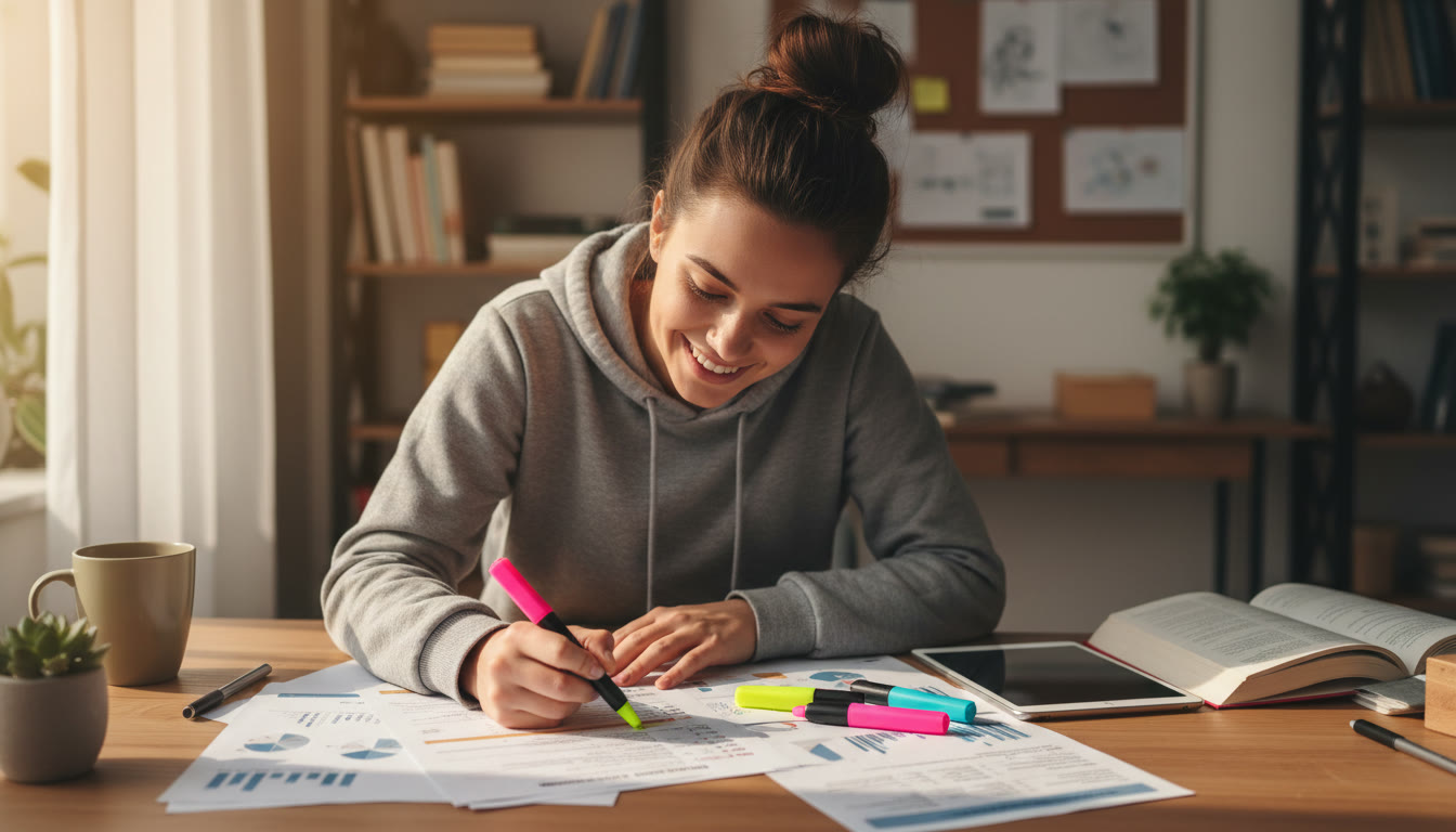 Photo Idea : Student sitting at desk annotating a printed markscheme with colorful highlighters