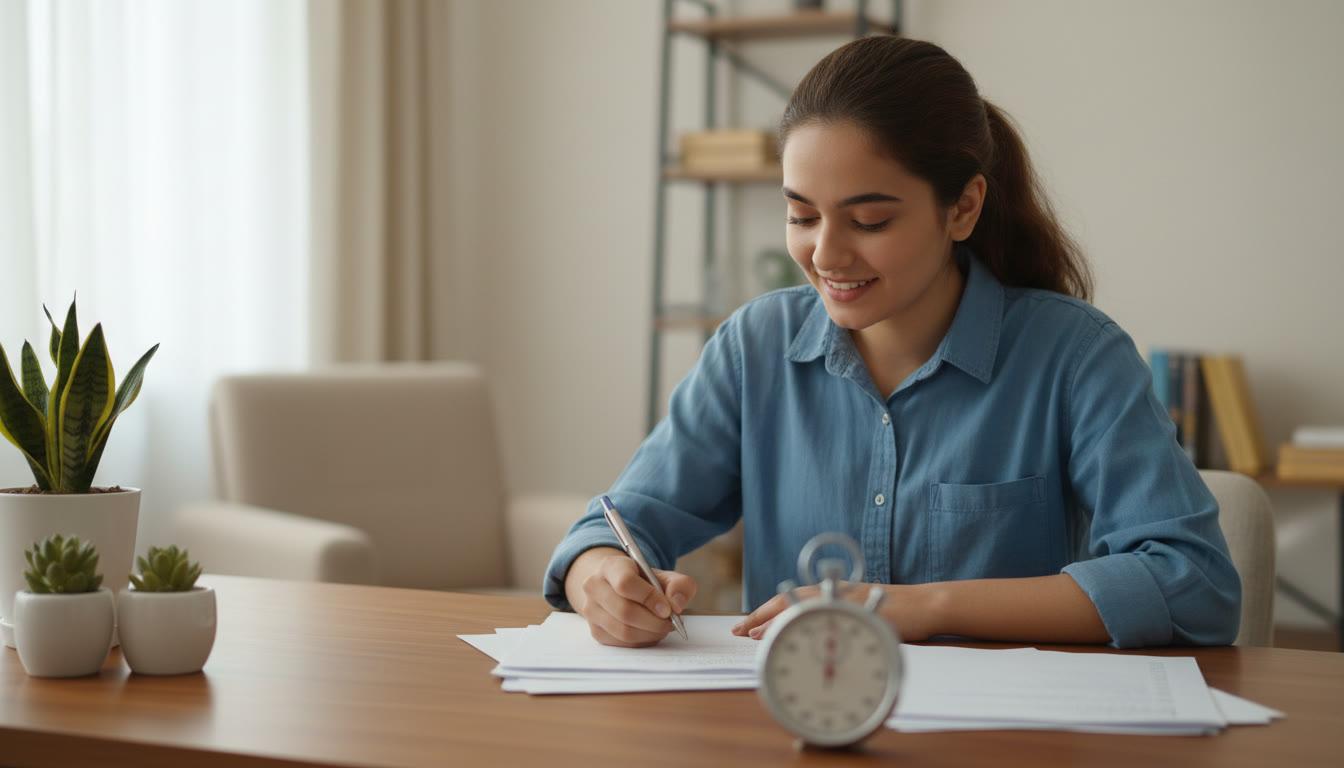 Photo Idea : Student taking a timed mock test in a quiet room with a stopwatch and neat answer sheets