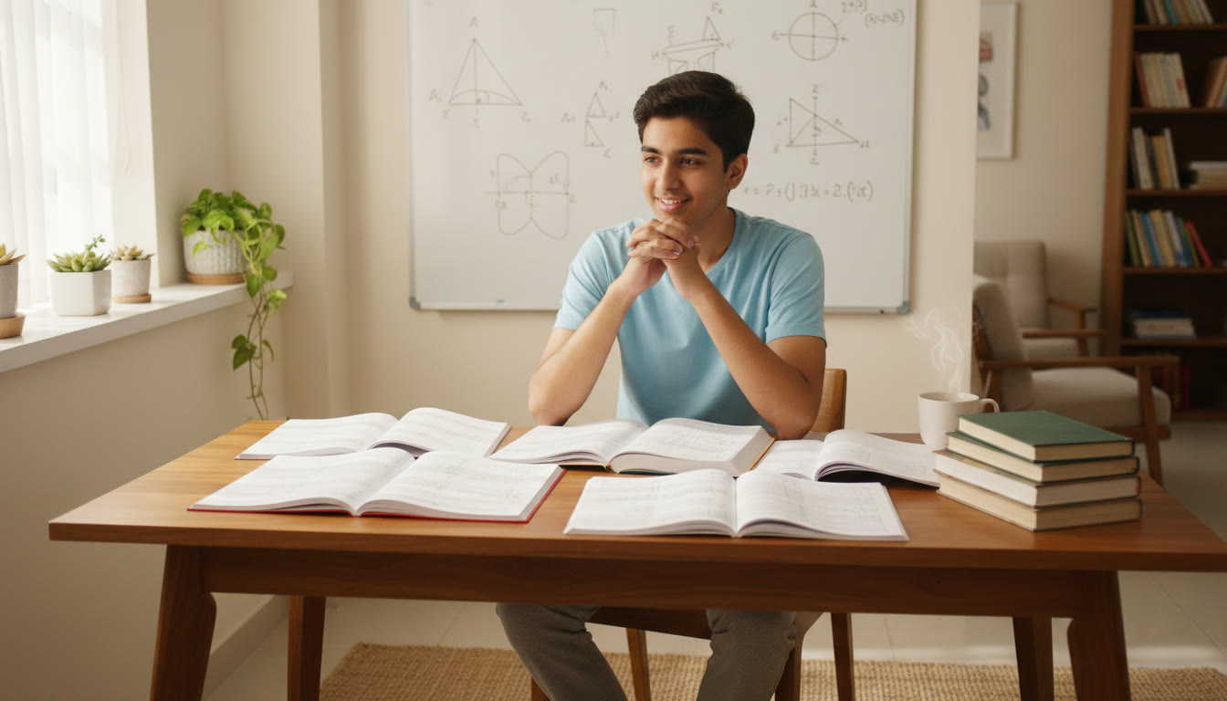 Photo Idea : A student at a desk surrounded by physics diagrams and open notebooks, thinking intently