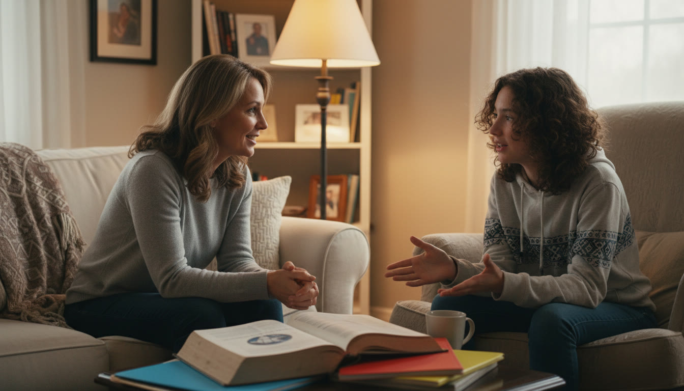 Photo Idea : a parent listening attentively to a teen in a cozy living room corner
