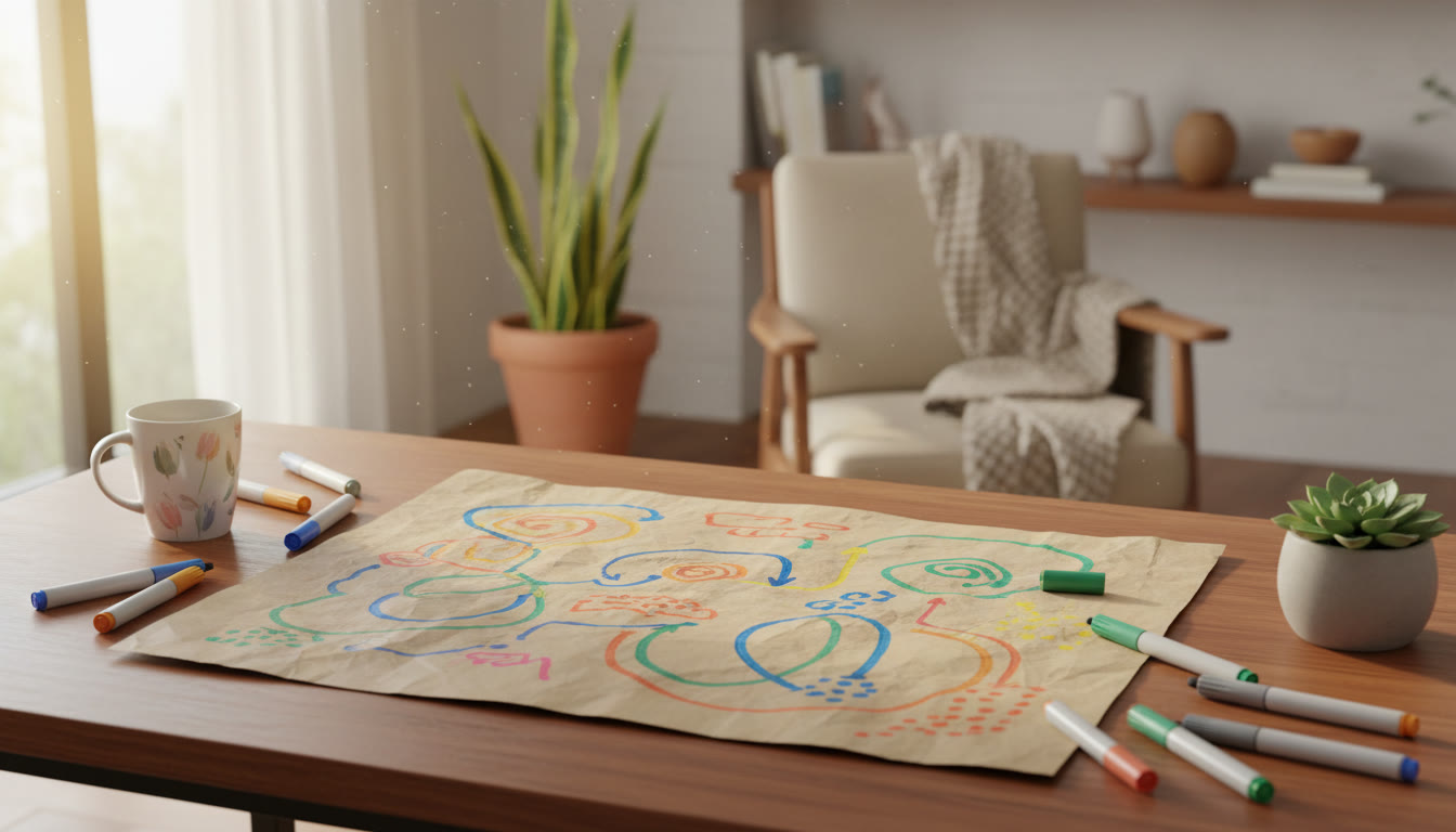 Photo Idea : A handwritten reaction map on a desk with color-coded markers