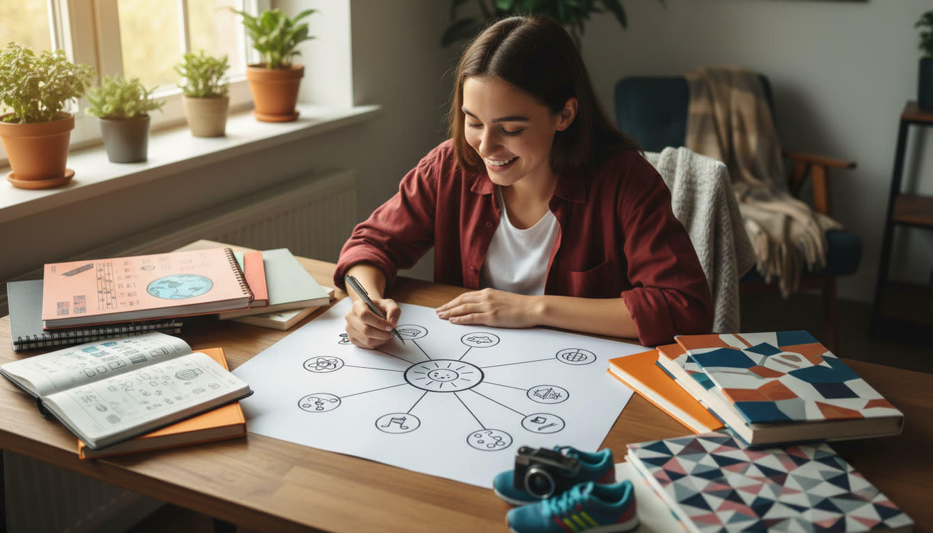 Photo Idea : A student at a desk surrounded by notebooks representing different subjects, sketching a mind map that links all their interests