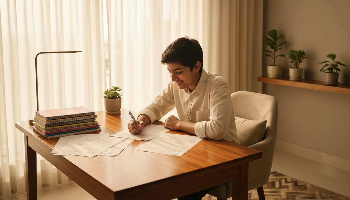 Photo Idea : A focused student at a desk, IB notes on one side and a NEET/JEE mock paper on the other