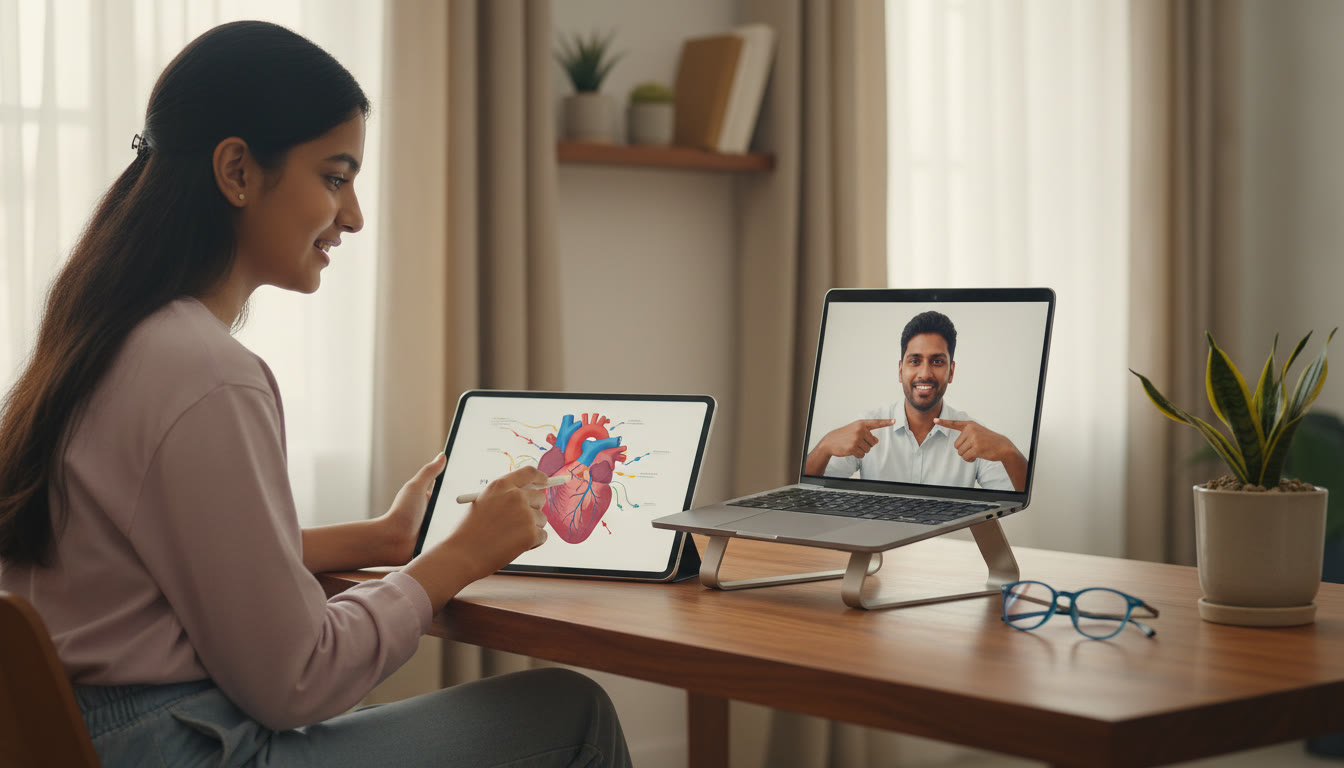 Photo Idea : A tutor on a laptop screen pointing to a shared diagram while a student follows along