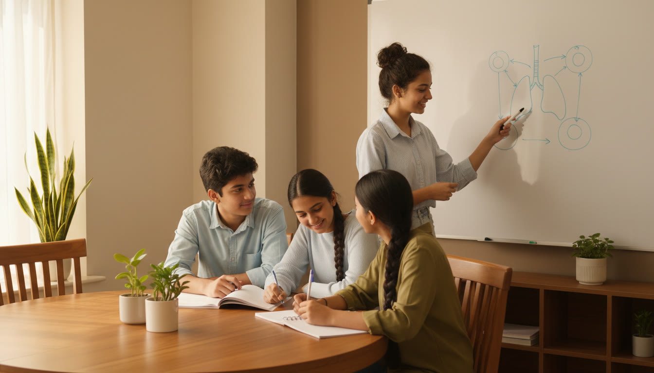 Photo Idea : A small group of students discussing a diagram on a whiteboard, with notebooks open