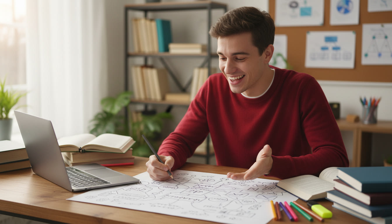 Photo Idea : a student at a desk surrounded by notebooks and a laptop, sketching an EE plan on a large sheet of paper