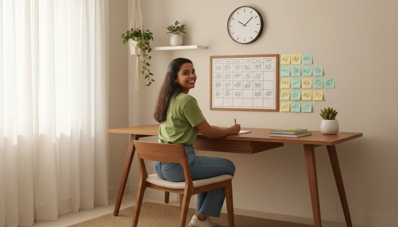 Photo Idea : A student at a desk with a neatly arranged timetable, sticky notes, and a clock