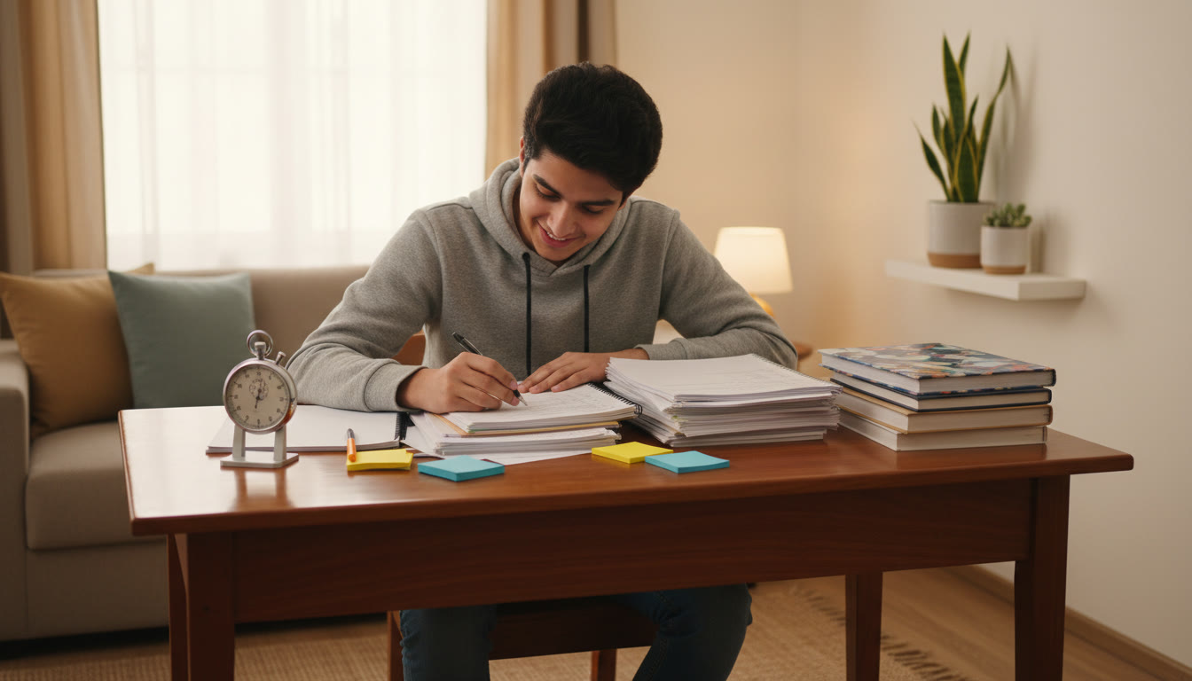 Photo Idea : Student at a desk solving previous year question papers with a stopwatch and notes spread around