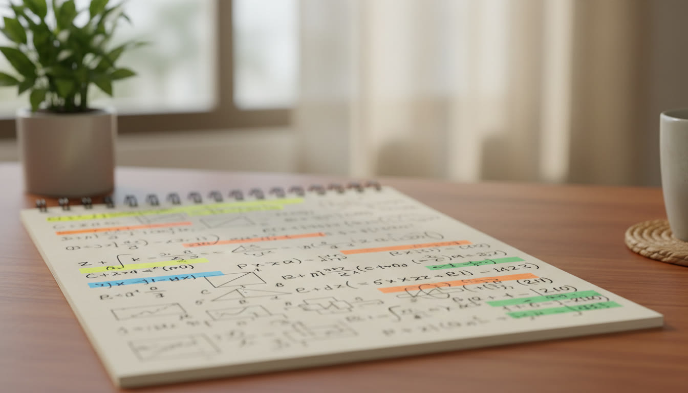 Photo Idea : A close-up of a one-page handwritten formula sheet with colored highlights and tiny diagrams