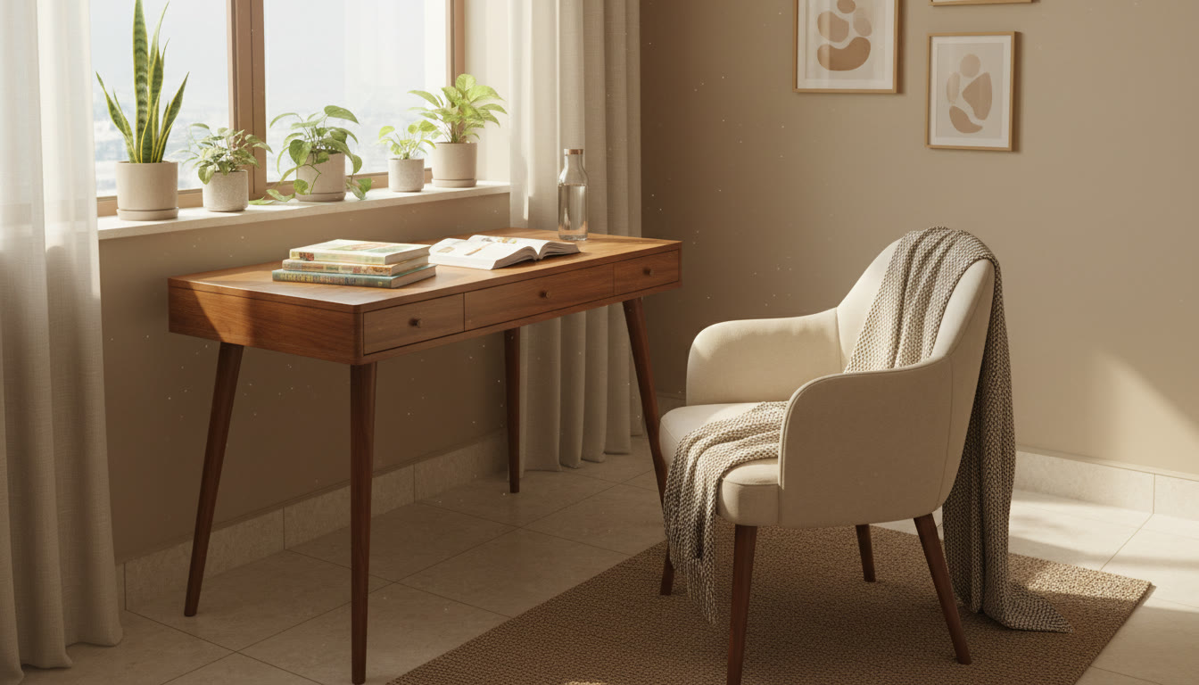 Photo Idea : A calm study corner with textbooks, a notebook, a water bottle, and a small plant on a sunny windowsill.