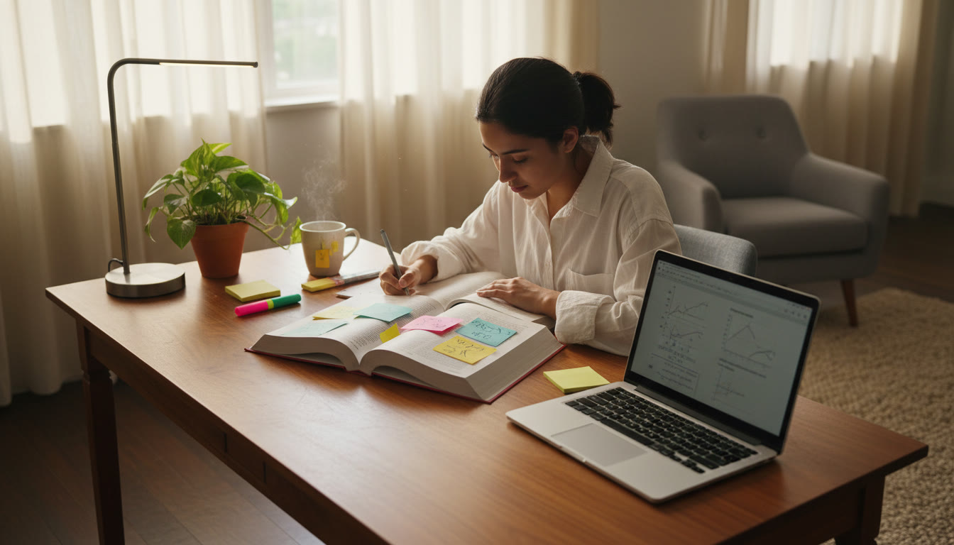 Photo Idea : A focused student studying at a desk with open biology and physics books, colorful sticky notes, and a laptop showing practice questions