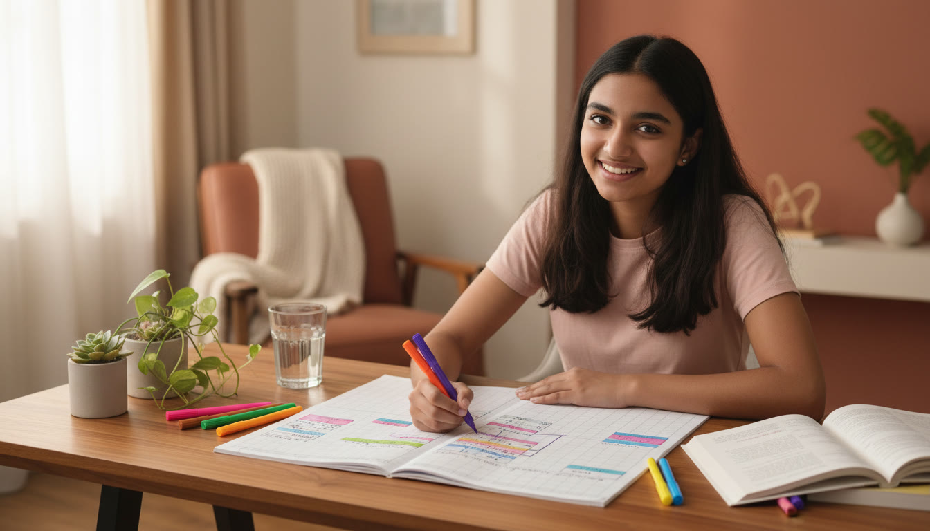 Photo Idea : teenager with a weekly planner and colored markers mapping school lessons to entrance topics