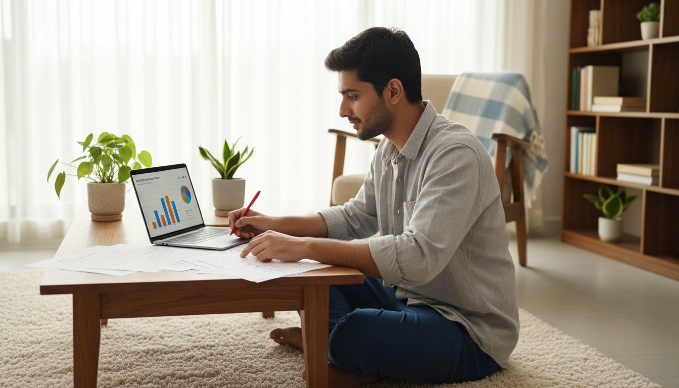 Photo Idea : A student reviewing mock test papers with a red pen and a laptop for analysis