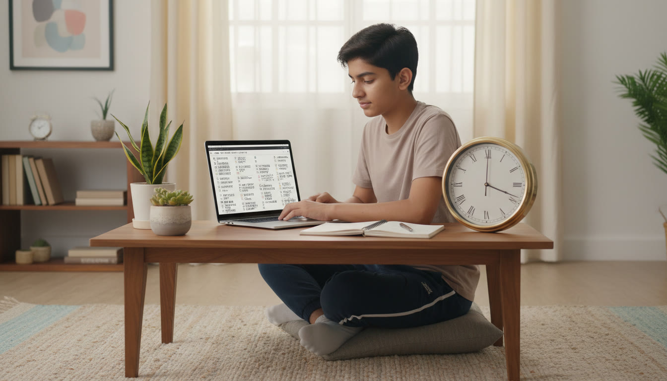 Photo Idea : Student focused at a desk taking a full-length mock test on a laptop with a visible analog clock and open notebook