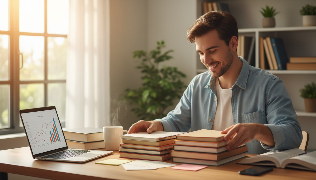 Photo Idea : A focused IB student arranging a neat pile of journals, a laptop, and notes on a wooden desk, warm daylight