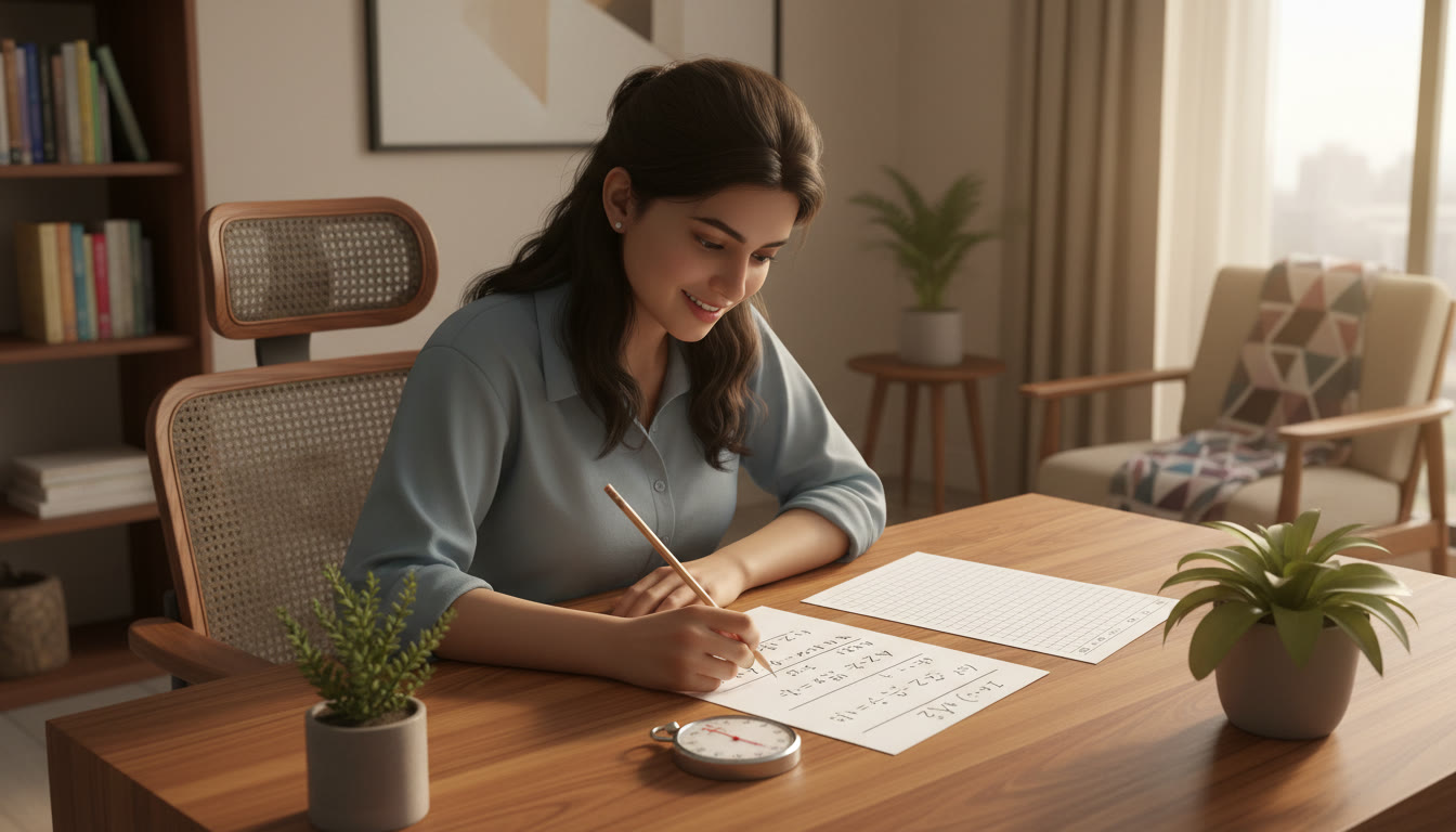 Photo Idea : A mock exam setup with a stopwatch, answer sheet, and a student solving a calculus question under time pressure.
