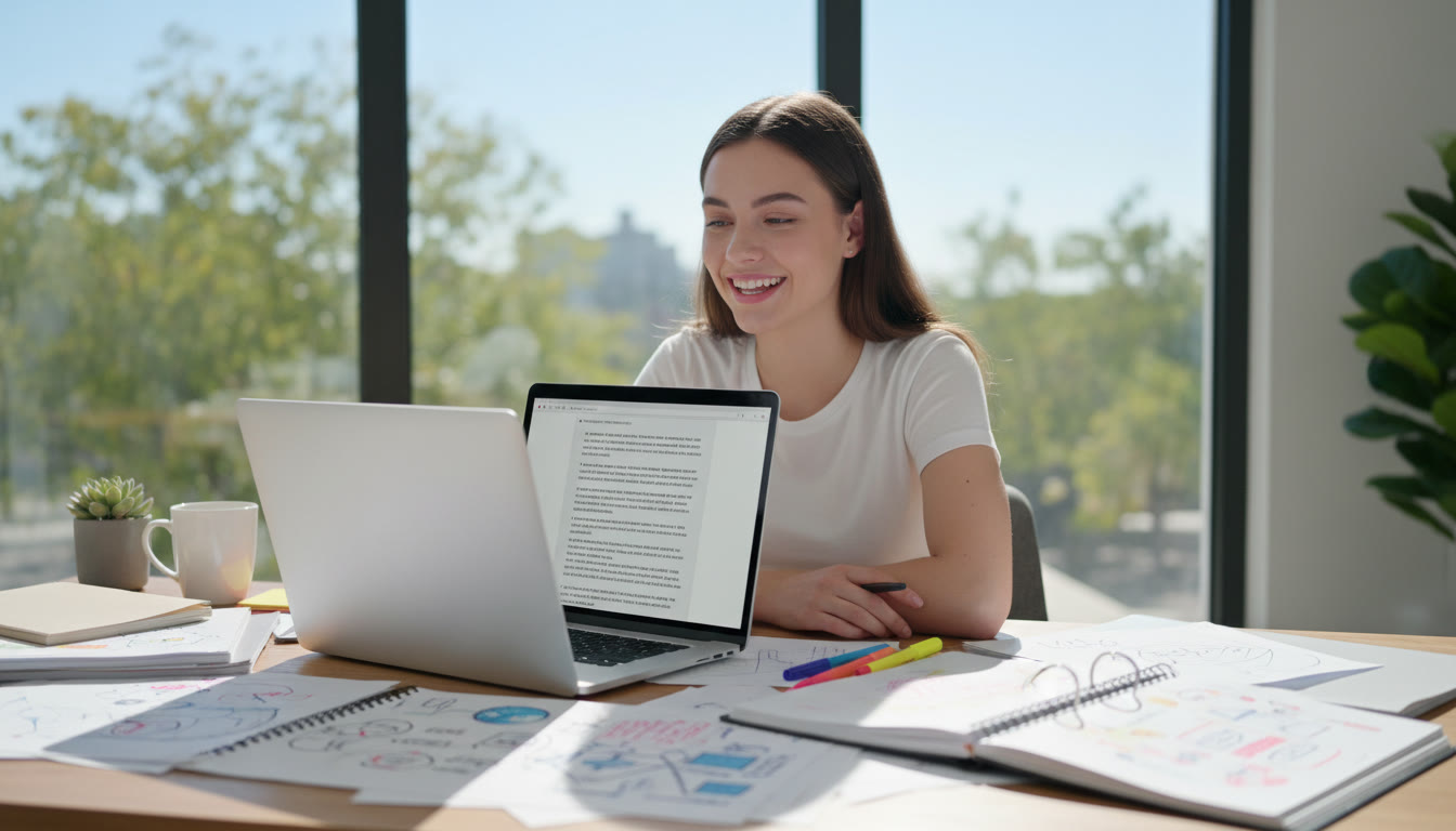 Photo Idea : Student at a desk surrounded by IB notes and a laptop displaying an essay draft