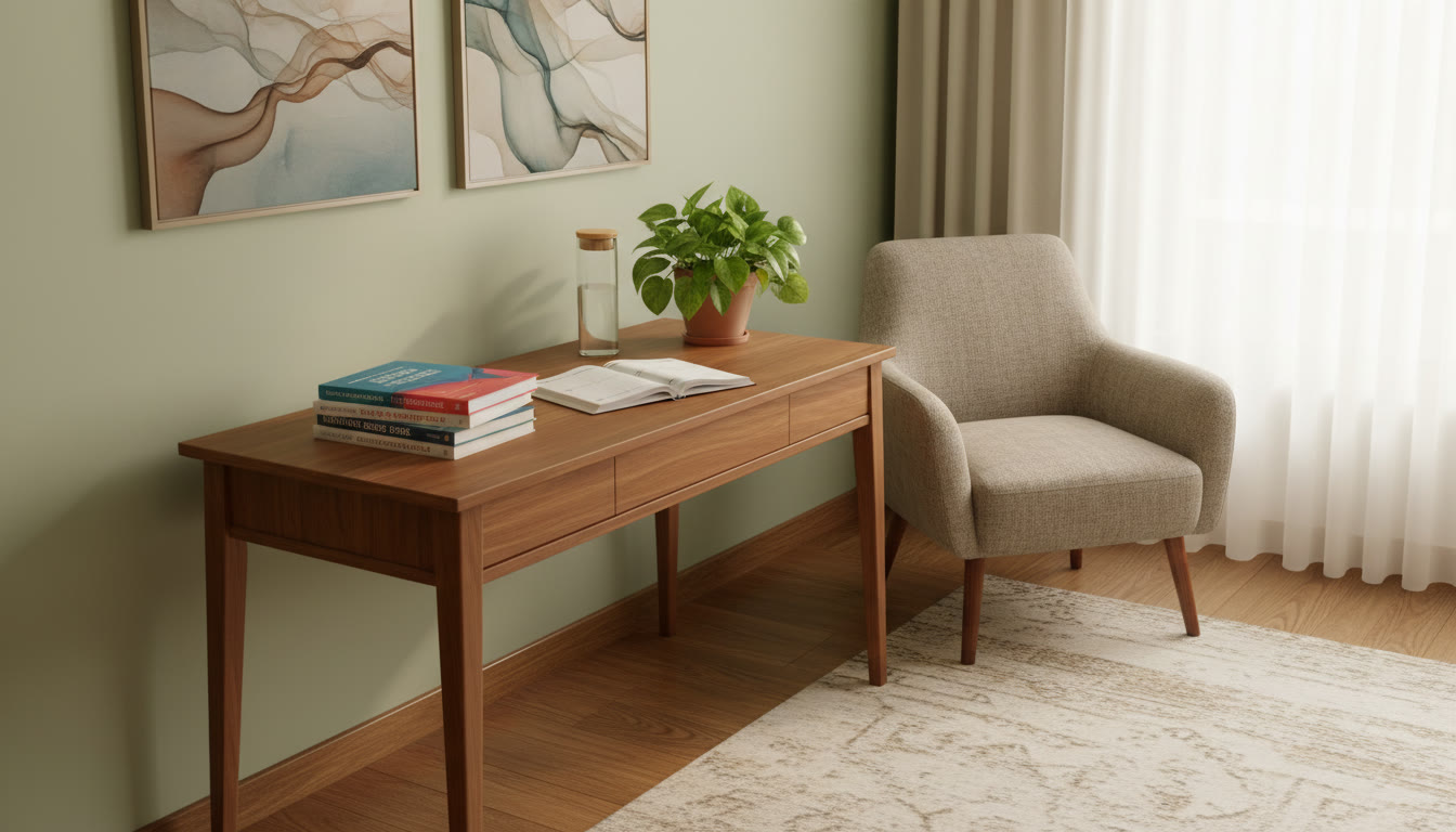 Photo Idea : A calm study corner with textbooks, a planner, a water bottle, and a small plant