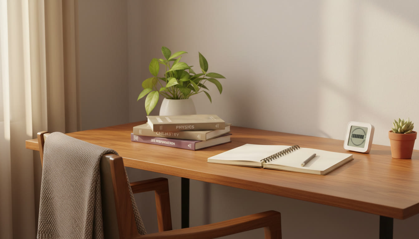 Photo Idea : a neat study desk with a small stack of textbooks, notebook open, and a timer showing a study countdown
