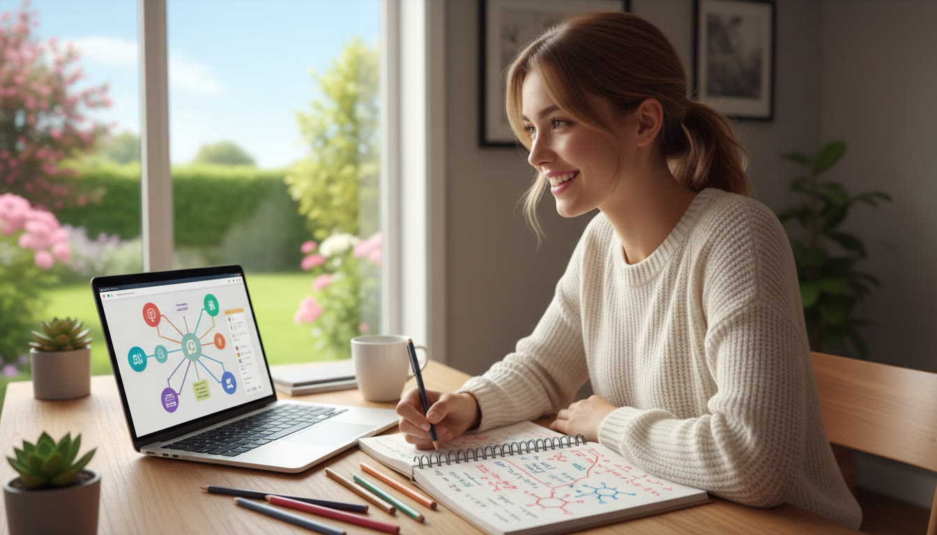 Photo Idea : Student working on a problem set with a laptop open to a digital portfolio and a notebook filled with annotated solutions