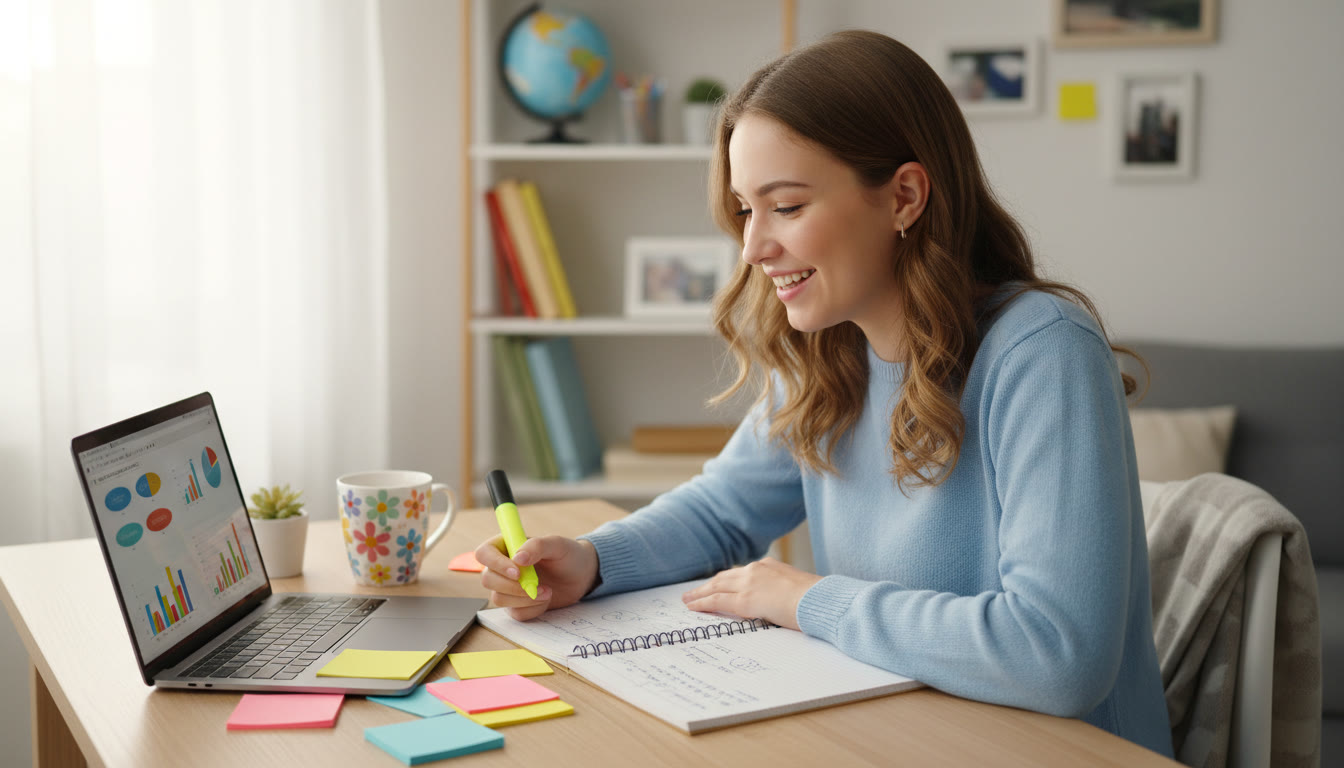Photo Idea : A student reviewing notes with a laptop and index cards on a tidy desk