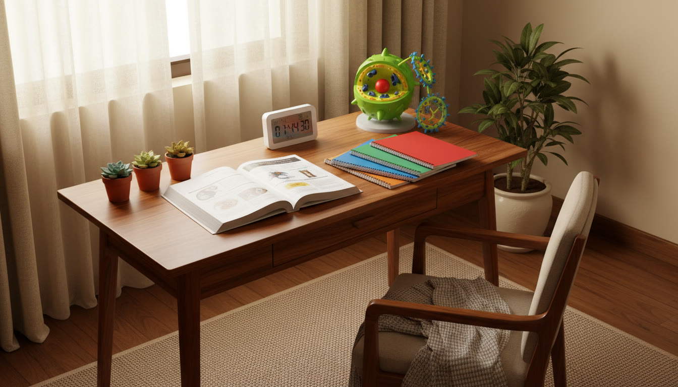 Photo Idea : Student at a tidy desk with colorful IB MYP notebooks, a biology model, and a visible timer showing study time.