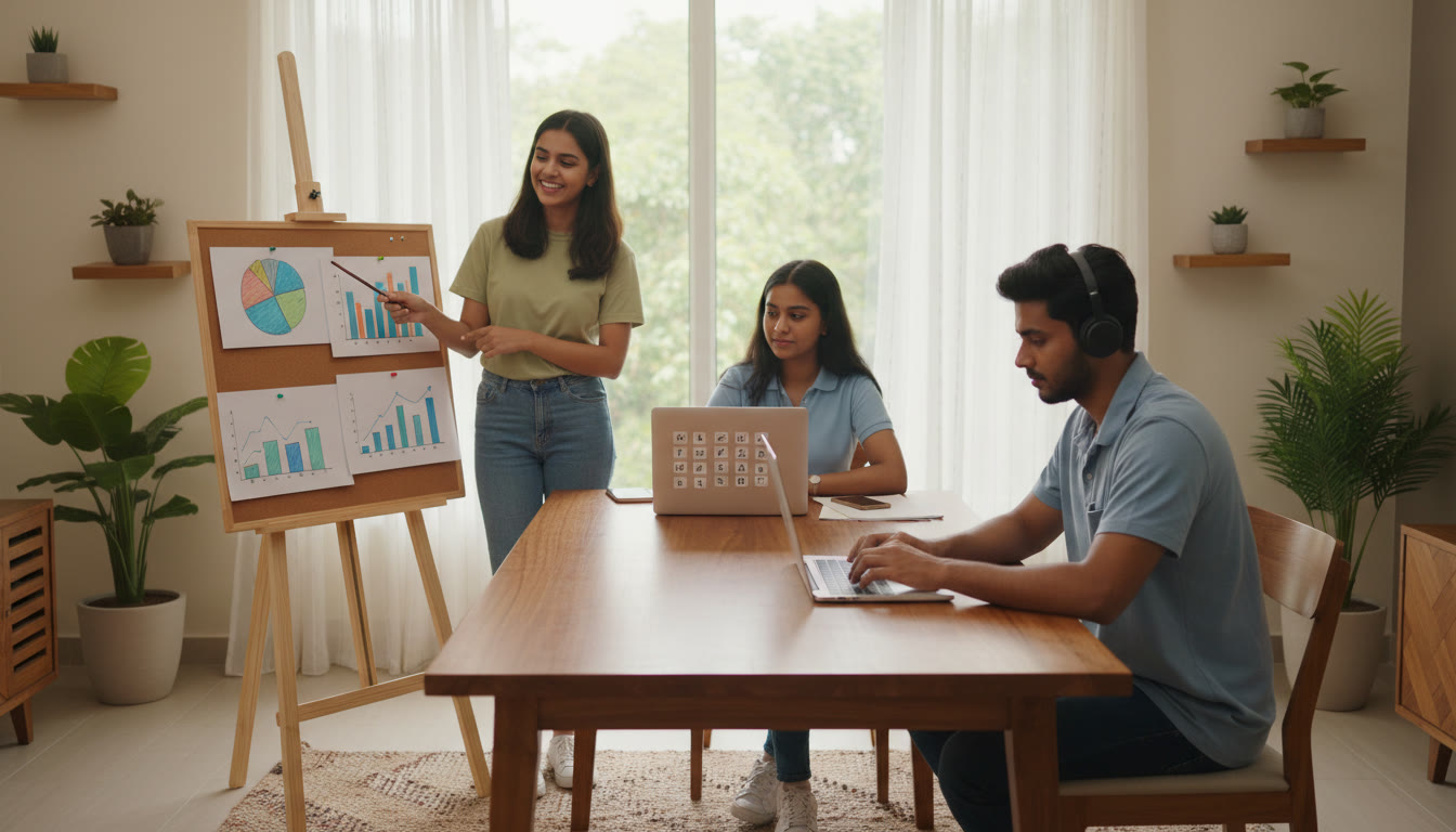 Photo Idea : A small group study scene with one student presenting IA charts while others solve MCQs on laptops