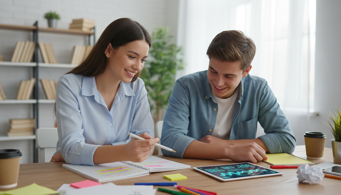 Photo Idea : Tutor and student reviewing a highlighted essay together at a table with a tablet displaying feedback