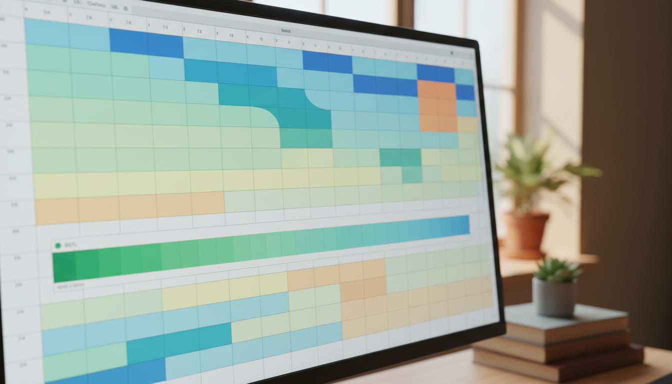 Photo Idea : Close-up of a spreadsheet with colorful conditional formatting and a visible progress bar