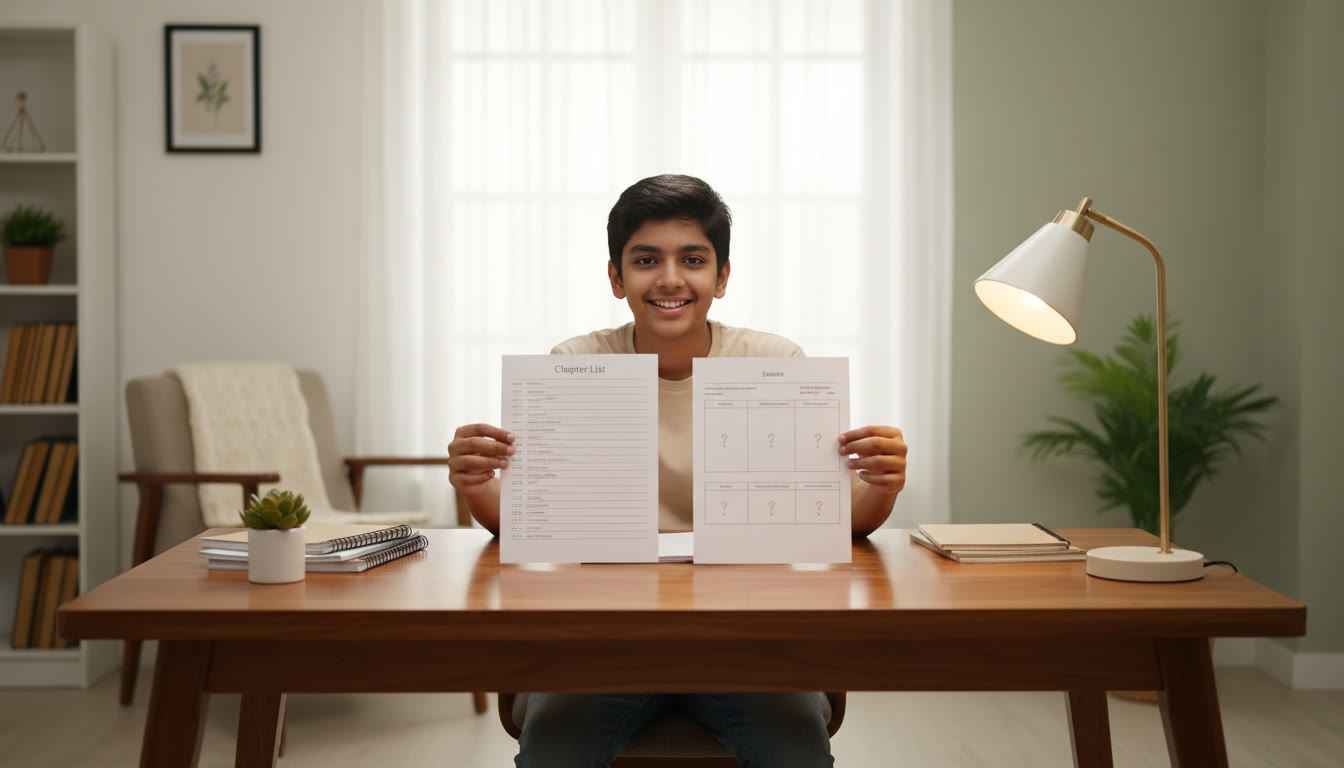 Photo Idea : Student at desk comparing a school chapter list and an exam question paper