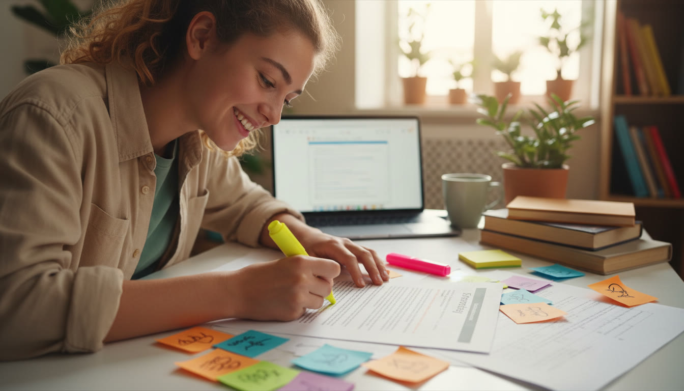 Photo Idea : Close-up of a student annotating an Extended Essay draft with highlighters and sticky notes