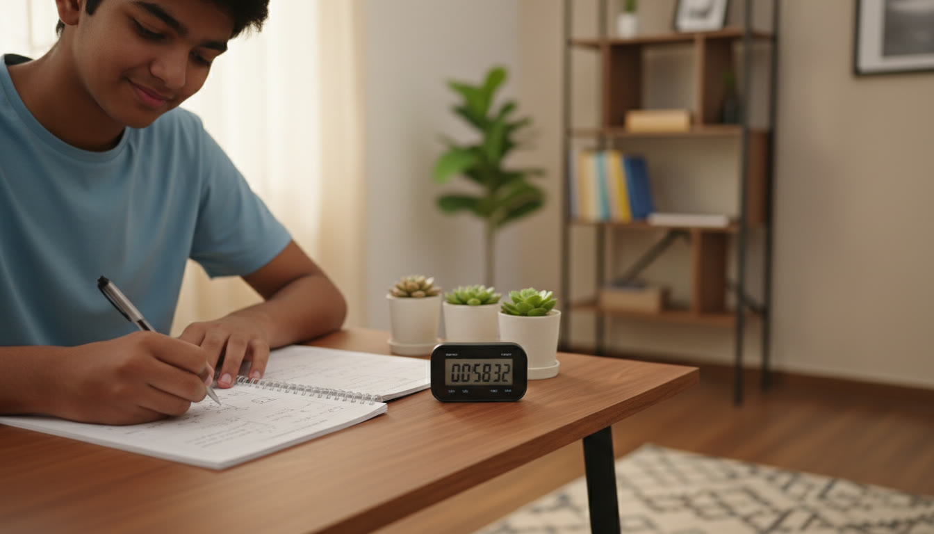 Photo Idea : close-up of a student writing a timed mock test with a stopwatch beside them