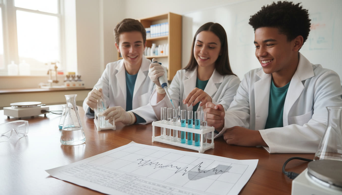 Photo Idea : Hands-on lab scene with pipettes, data sheets, and a printed graph showing variability