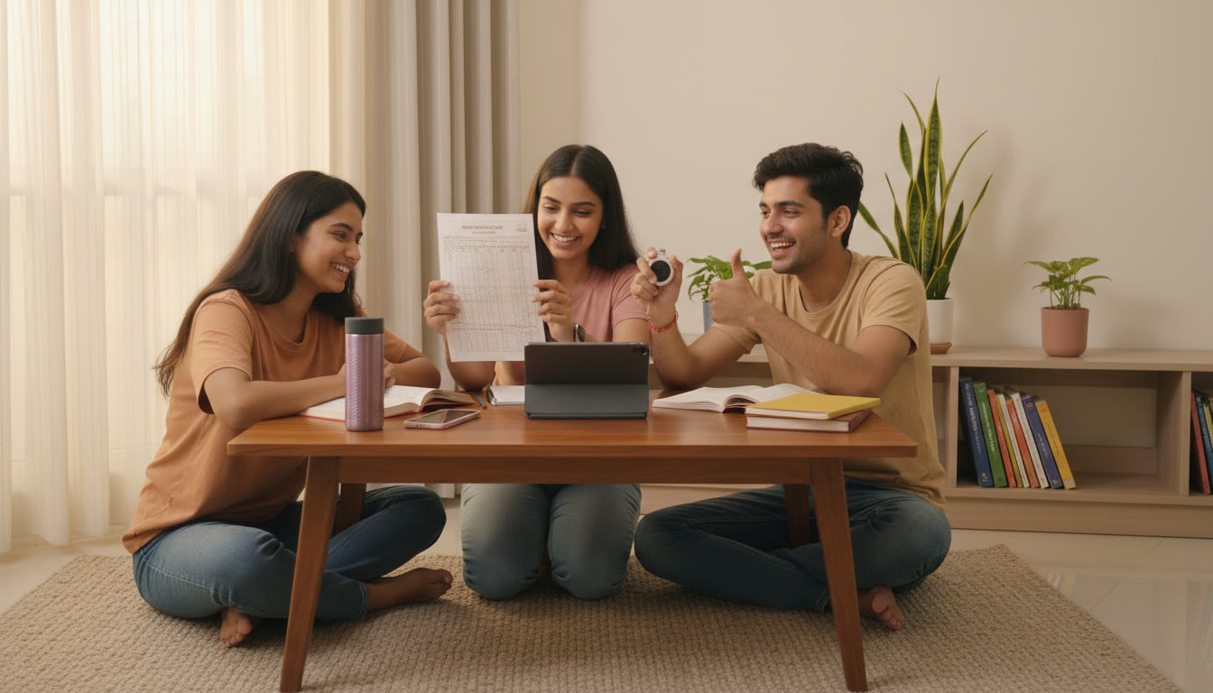 Photo Idea : A small study group simulating a timed mock test, one student checking an OMR sheet while another times the session