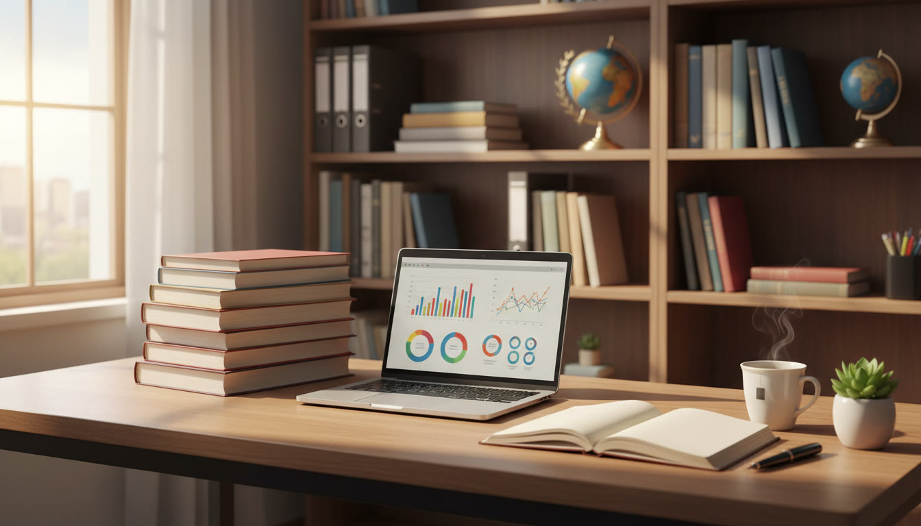 Photo Idea : Neat desk with laptop on a stack of books, open notebook, and a tidy bookshelf behind