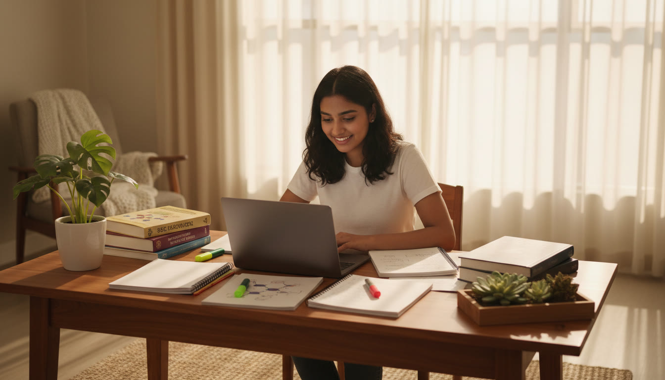 Photo Idea : A focused student at a desk with study notes, a laptop, and science textbooks