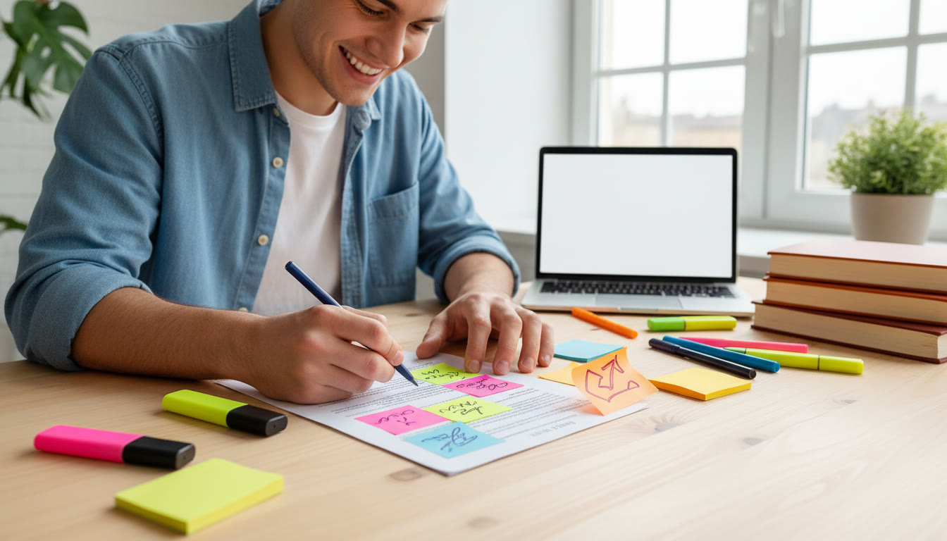Photo Idea : A student highlighting a printed prescribed title with colorful sticky notes and annotations