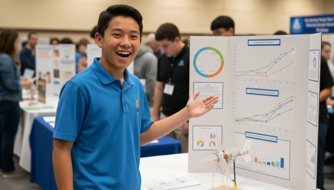 Photo Idea : Close-up of a student presenting a poster at a school science fair with charts and a small prototype