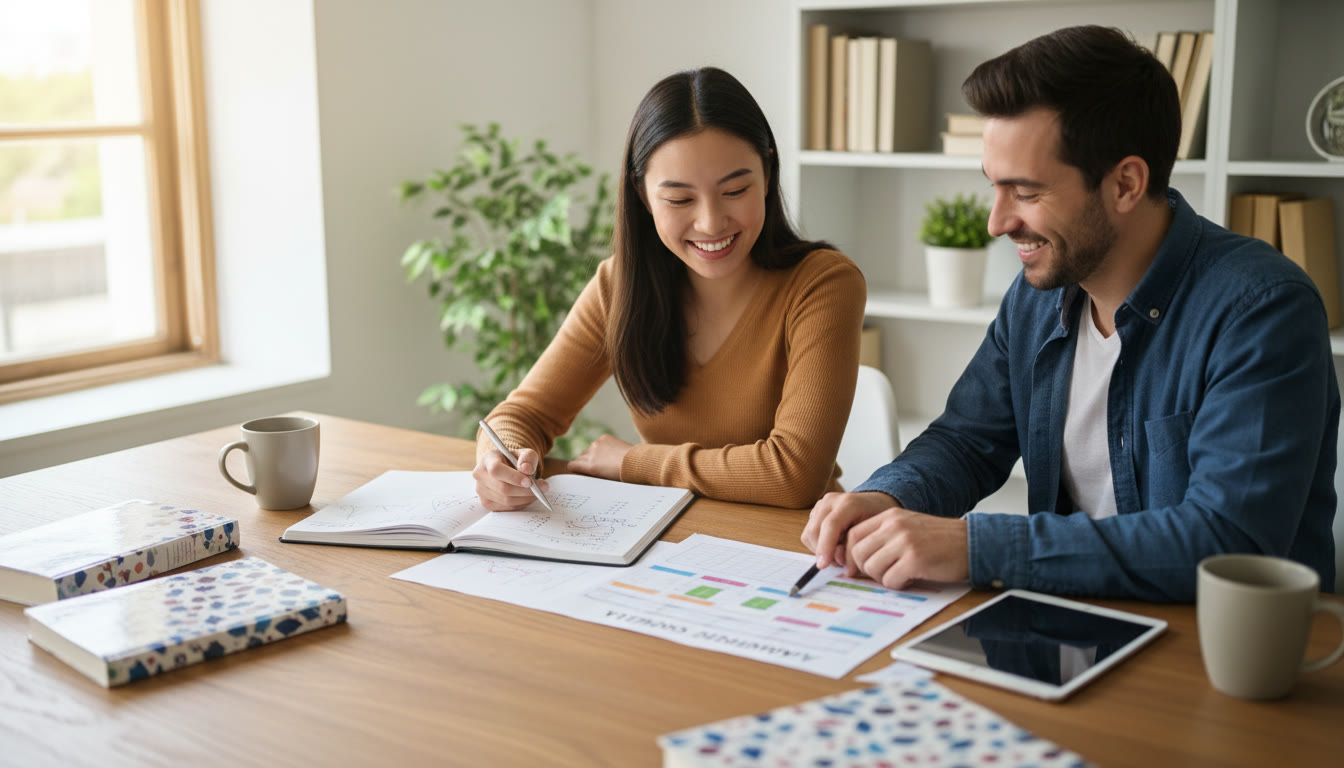 Photo Idea : A student and a counsellor sitting at a table, calmly reviewing notes and a study plan