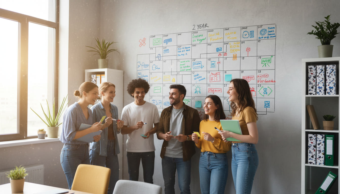 Photo Idea : Students gathered around a large wall calendar mapping a two-year study plan
