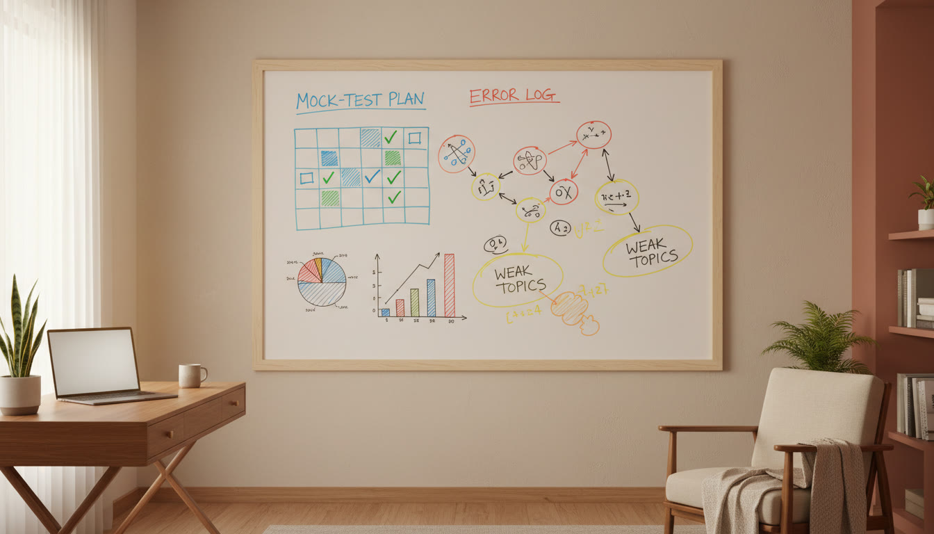 Photo Idea : A whiteboard with a mock-test plan, error log, and highlighted weak topics