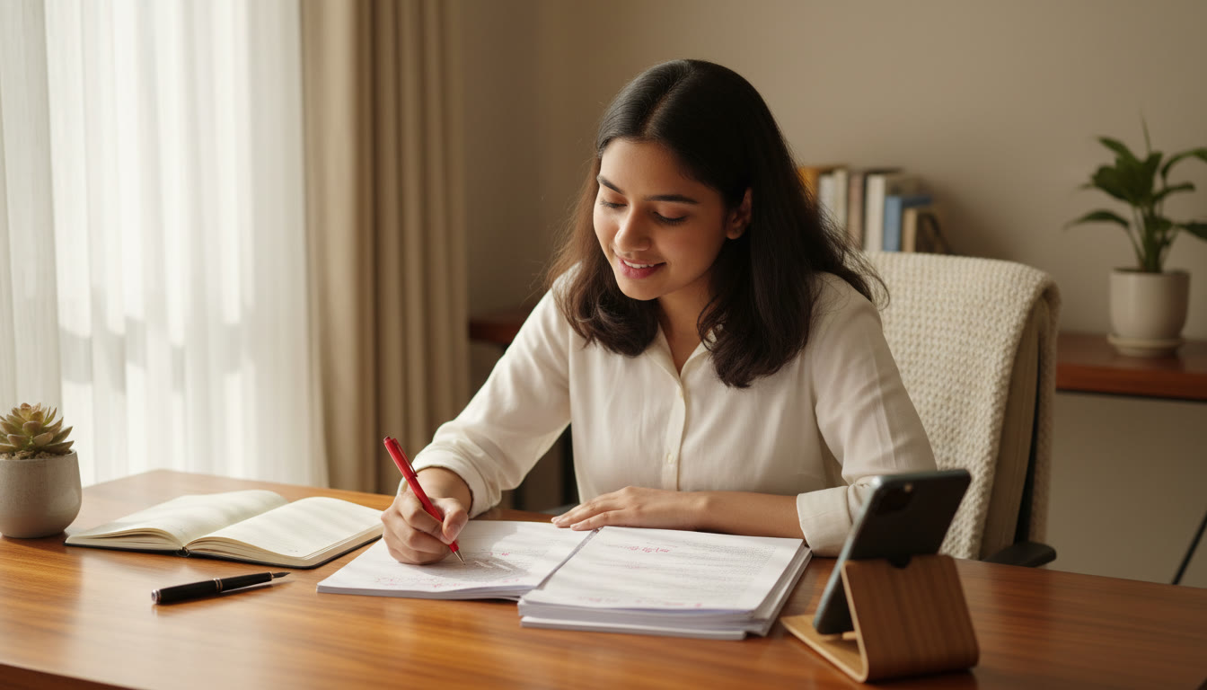 Photo Idea : A student checking a marked mock paper with a red pen, making notes in a correction notebook