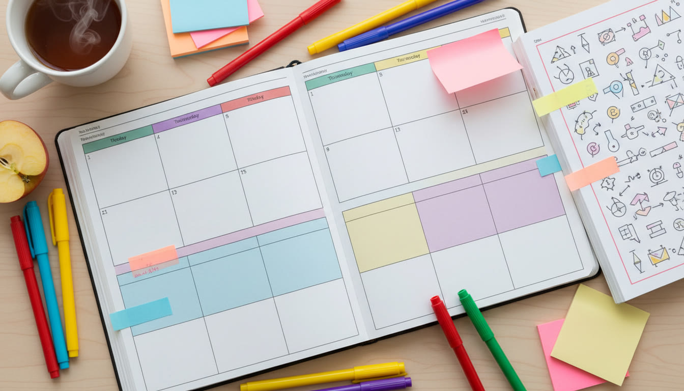 Photo Idea : Overhead shot of a weekly planner page with colored pens, sticky notes and textbook margins full of annotations