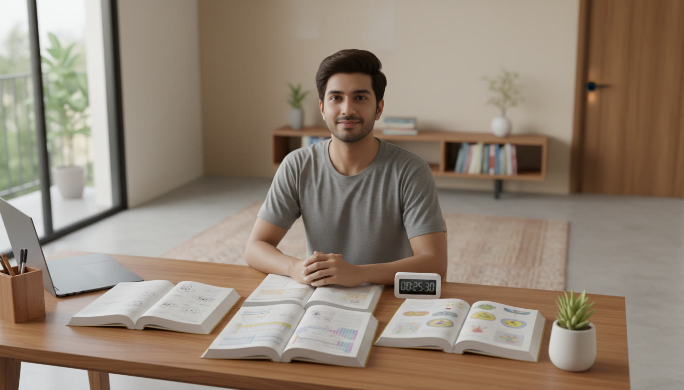 Photo Idea : A calm student at a tidy desk with open Physics, Chemistry, and Biology books, a timer, and a small plant.