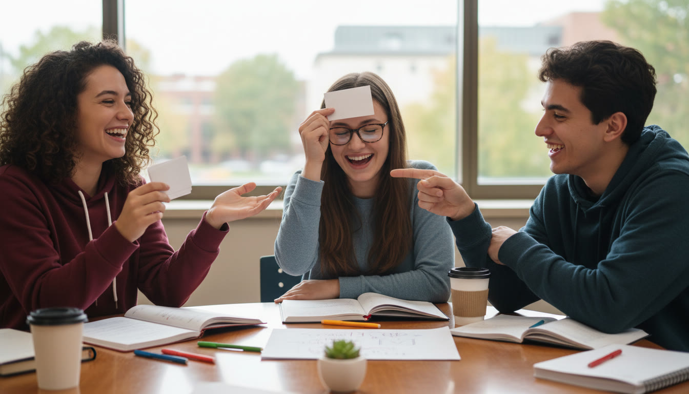 Photo Idea : a small group of students quizzing each other with flashcards in a study room