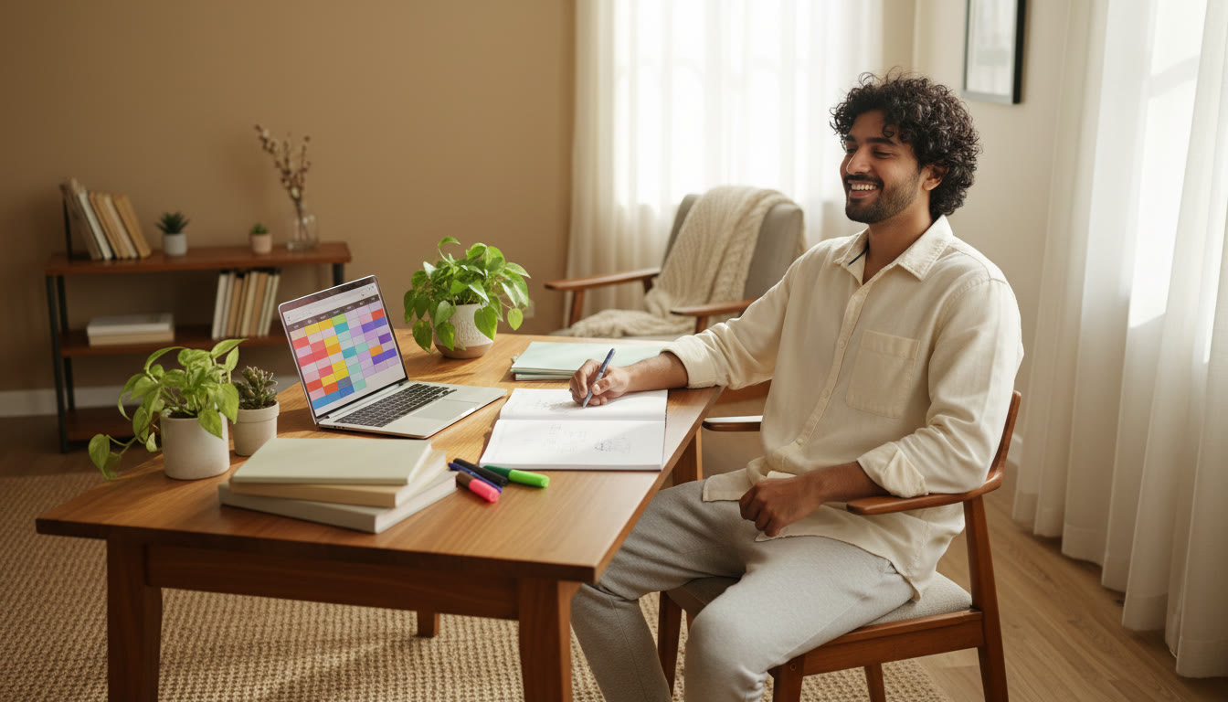 Photo Idea : Student at a desk with study materials, a notebook open, and a laptop showing a timetable
