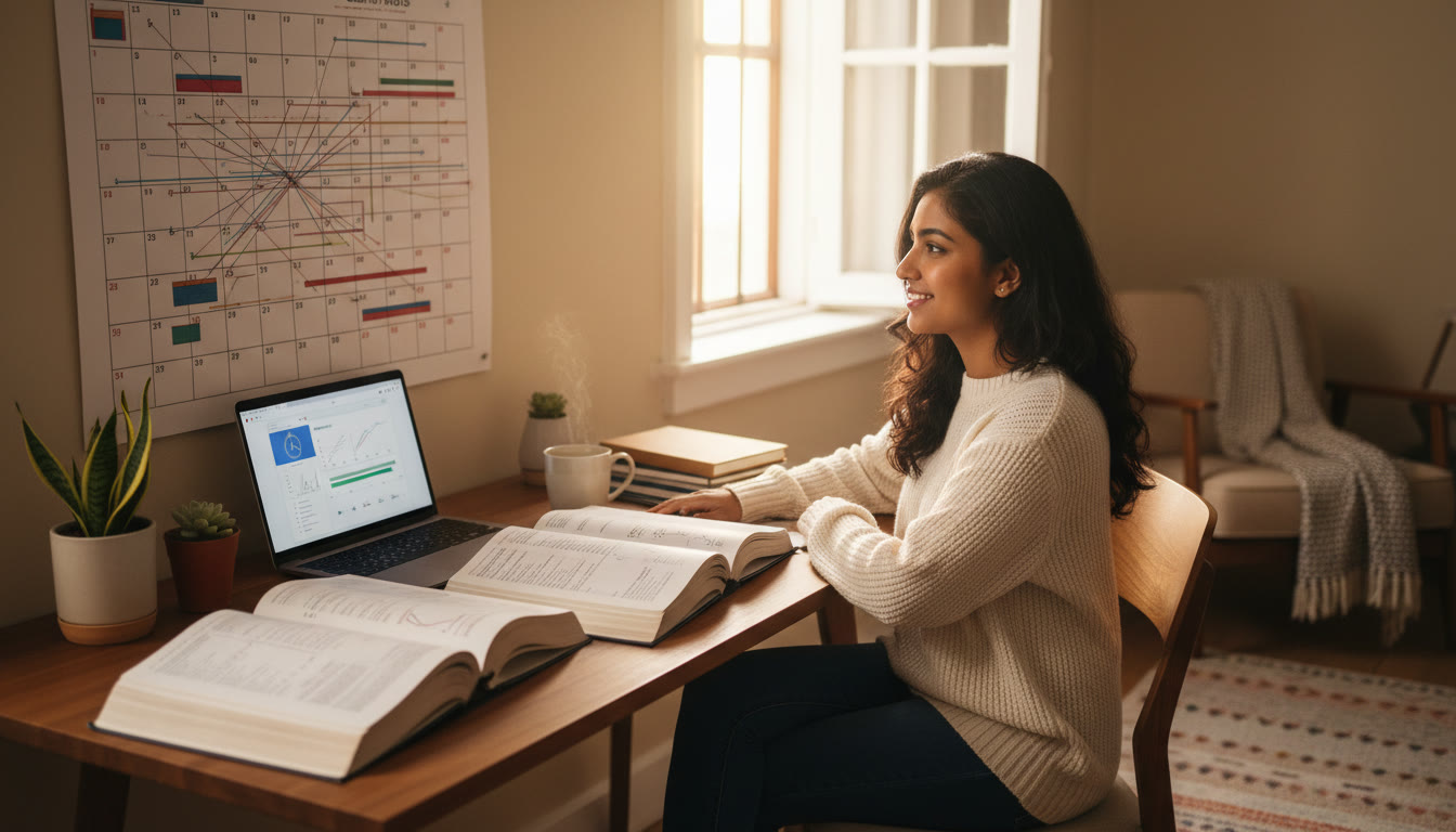Photo Idea : Student at a desk with open textbooks, a calendar marked with a long-term study plan, and a laptop showing a practice test